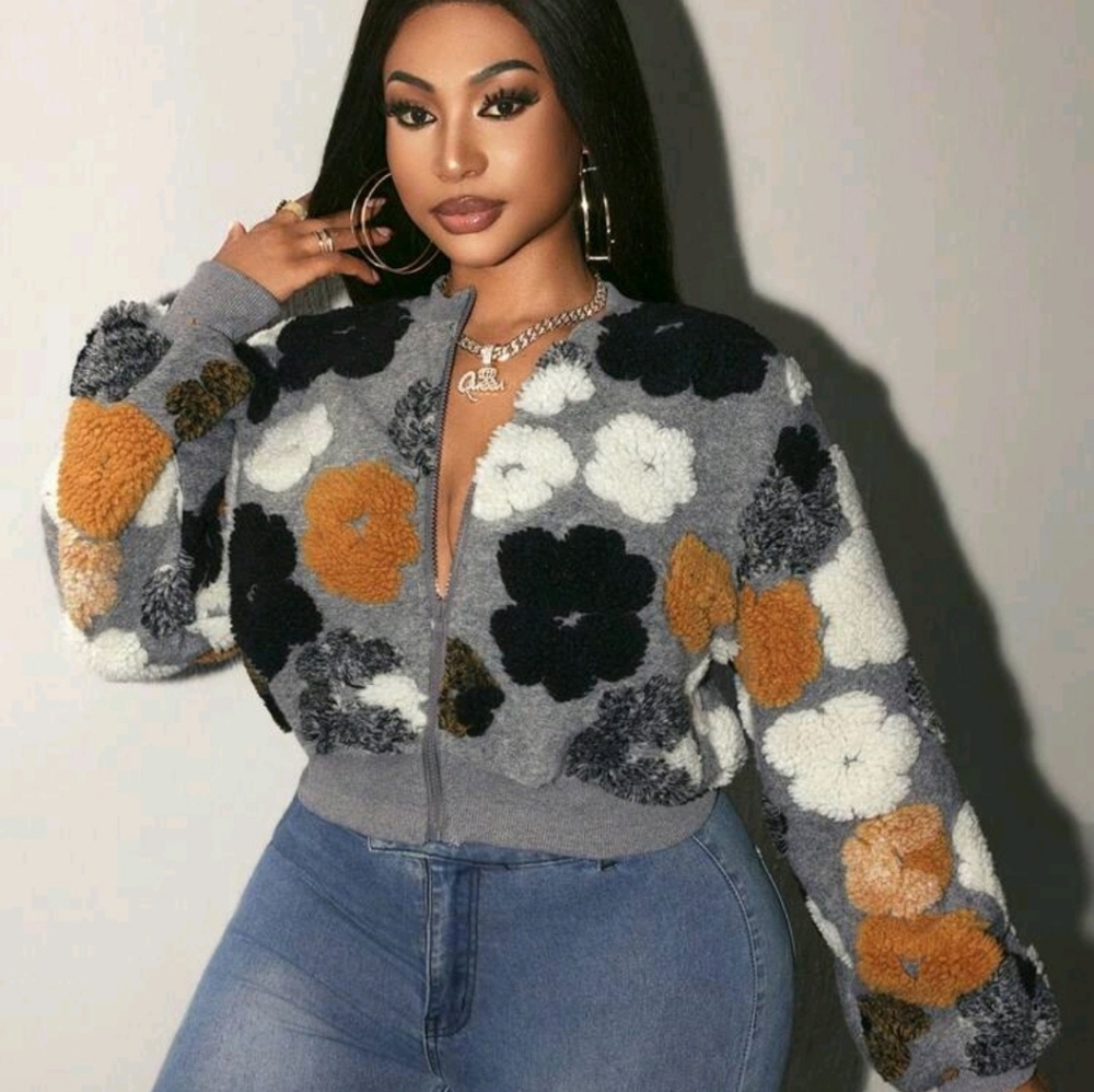 Floral Patterned Gray Bomber Jacket - image 1